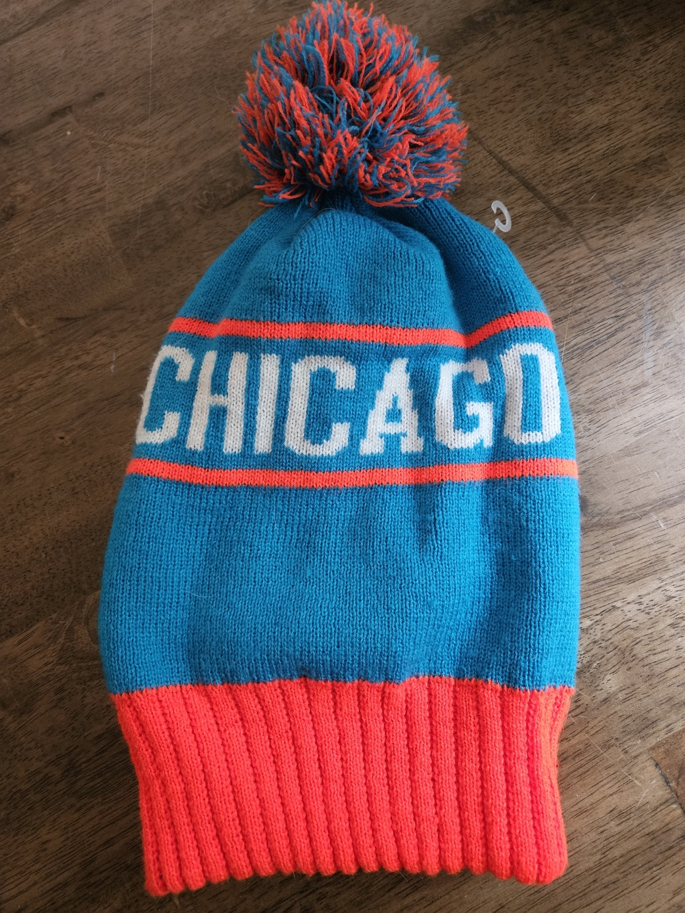 Vintage Looking Chicago Knit Pom Beanie - Blue and Orange